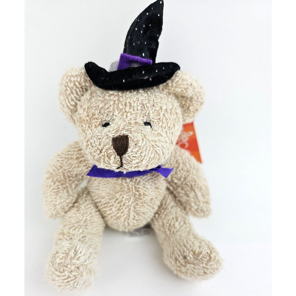 Russ Tan Halloween Bear Plush Stuffed Animal 4 Inches Black Hat Purple Bow Sweet - Picture 1 of 12